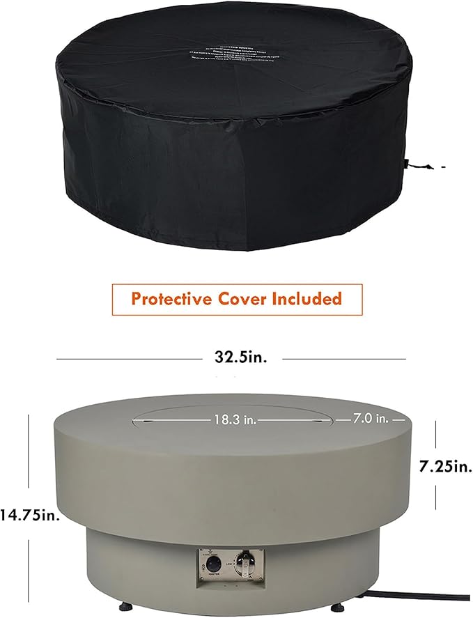 Propane Outdoor Fire Pit Table with Wind Glass Shield, Flint & Concrete Look 32.5-inch Round Patio Gas Fire Table 50,000 BTU w/Lid, Fire Glass, Cover, Pre-Attached 10ft Propane Hose