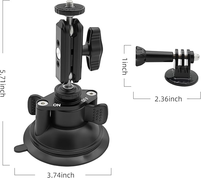 Double Layer Suction Cup Mount with Double Ball Head Magic Arm, 1/4" Screw 360° Rotating Camera Mount Compatible with GoPro Hero, Insta360 X3, DJI Osmo, Action Camera, Phones for Car Windshield