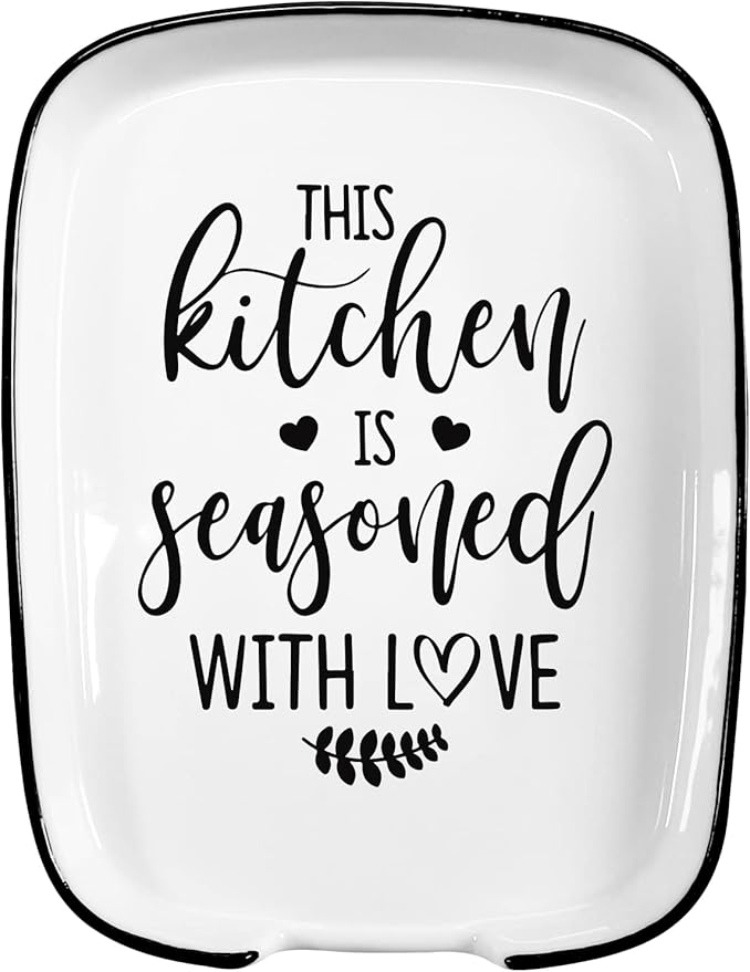 Ceramic Spoon Rest for Kitchens Stove Top Counter, Funny This Kitchen is Seasoned with Love White Spoon Holders for Chef, Mom, Grandma, Modern Farmhouse Kitchens Cute Decor Gift