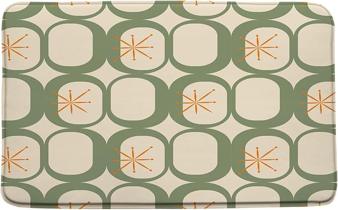 Mid Century Modern Bath Mat Abstract Atomic Geometric Retro 1950s Sage Green Bathroom Kitchen Toilet Rugs,18x48 Inch