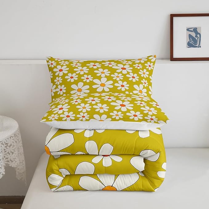 Hippie Flowers Comforter Set Full Size,70s Retro Floral Bedding Comforters Room Decor,Groovy Cartoon White Daisy Quilt Set with 2 Pillowcases,Teens Present