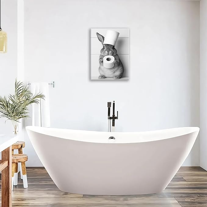 Bunny Bathroom Wall Art, Rabbit Pictures Wall Decor, Animal Canvas Prints Painting, Framed Artwork For Bathroom Living Room Bedroom Office Dining Room 16"X12"