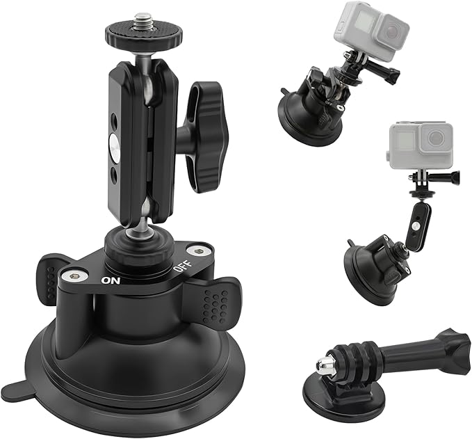 Double Layer Suction Cup Mount with Double Ball Head Magic Arm, 1/4" Screw 360° Rotating Camera Mount Compatible with GoPro Hero, Insta360 X3, DJI Osmo, Action Camera, Phones for Car Windshield