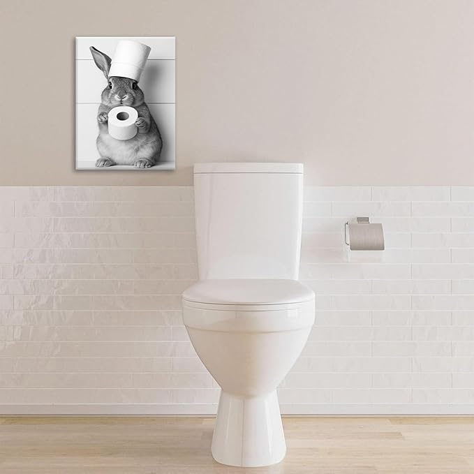 Bunny Bathroom Wall Art, Rabbit Pictures Wall Decor, Animal Canvas Prints Painting, Framed Artwork For Bathroom Living Room Bedroom Office Dining Room 16"X12"