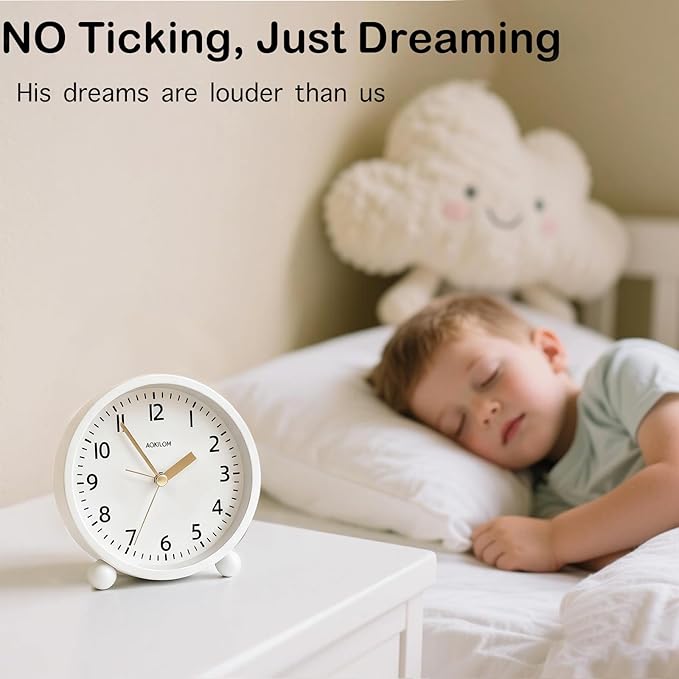 AOKILOM Analog Alarm Clock, Non-Ticking Silent Travel Small Clock, Battery Operated with On-Demand Light, Easy Set Gentle Wake, Ideal Decor for Bedroom, Bedside, Desk,Office(White)