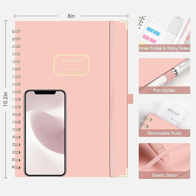 EMSHOI Meeting Notebook for Work - B5 Half Meeting Half Note Planner, 100 Pages, 100GSM Thick Paper, Hardcover, Project Organizer for Women Men Office, Business, Note Taking, 8"x10.2" - Pink