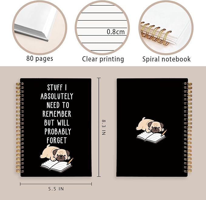 LIANGW Funny Pug Notebook Journal Gifts for Women & Men, Gifts for Pug Lovers Notebooks for Women, Funny Human Resources Gifts Journal for Coworkers, Black Hardcover Spiral Notebook 5.5x8.3 Inch