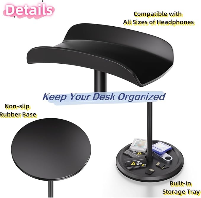 NQQNQQ Headphone Stand【1PACK】 Headphone Holder with Storage Tray Compatible for Max Pro, Beats, Bose and Most Gaming Headphones. 【No Tools Required】 YO-2 (Black)