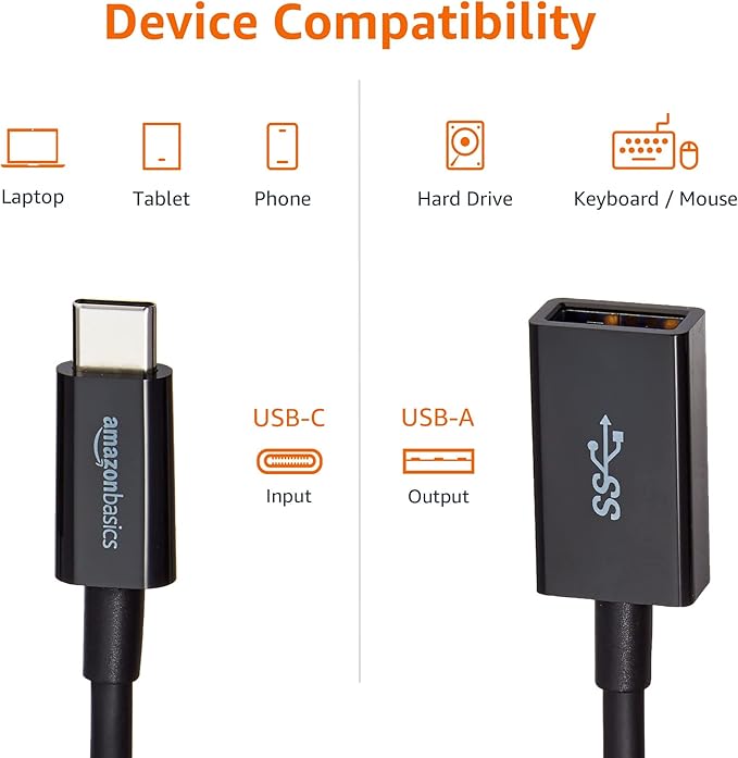 Amazon Basics USB 3.1 USB-C to USB-A Female Adapter Cable Converter, 5Gbps High-Speed, USB-IF Certified, Fast Transfer, Portable, for Laptops, Tablets, Phones (iPhone 16/15), Black
