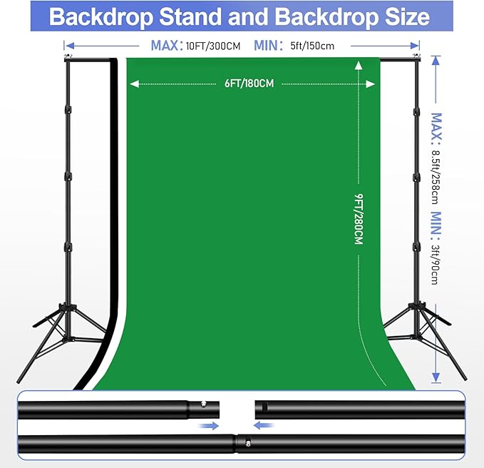 EMART 8.5x10ft Green Screen Backdrop Kit with 6x9ft Polyester Backdrop(Black/White/Green), Adjustable Photography Background Support System for Studio Photography, Parties, Wedding, Video Shooting