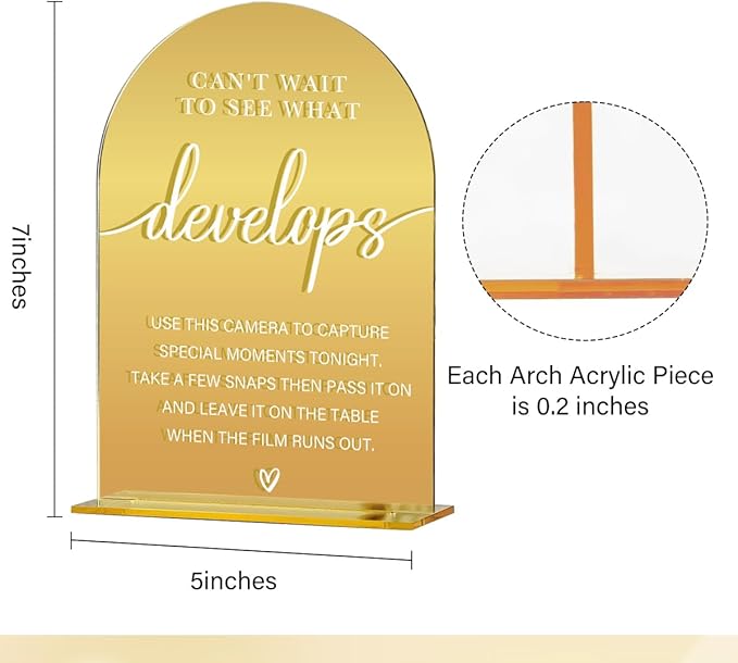 Acrylic Wedding Sign, Bridal Shower Decorations, Can't Wait to See What Develops Sign for Ceremony, Modern Font Table Signs, Gold Mirror Arched Acrylic Tabletop Signs for Wedding Reception