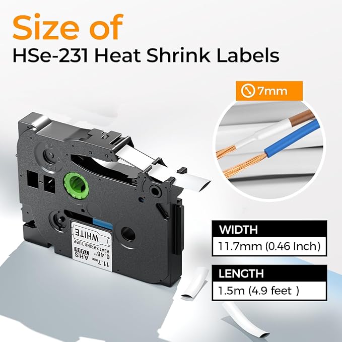 HSe-231 Heat Shrink Tube Label Compatible with Brother P Touch HSe Heat Shrink Tubing 11.7mm 0.46'' HSe231 TZe Wire Cable Labels for Brother PT-E300 E500 P900 P750WVP, 3-Pack, Black on White