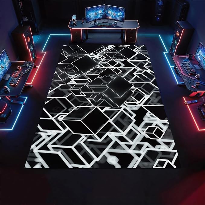3D Geometric Area Rugs, Black White Block Pattern Carpet, Washable Non Slip Low Pile Soft Rug for Living Room Bedroom Decor Mat 3x5ft(Small)