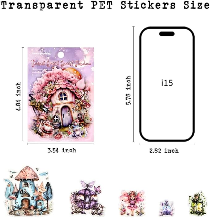 Dwpetzo Scrapbook Fairy Stickers for Scrapbooking Supplies, 80 Pcs Transparent PET Forest Mushroom House Scenery Stickers Ephemera for Junk Journals, Journaling, Collage, Art Crafts