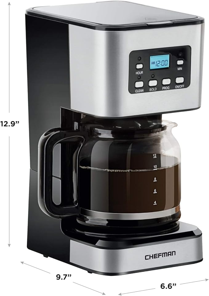 Chefman 12-Cup Programmable Coffee Maker, Electric Brewer, Auto Shut Off, Digital Display w/Auto-Brew Function, Anti-Drip Pot, Reusable Filter for Fresh Grounds, Square Stainless Steel, Glass Carafe