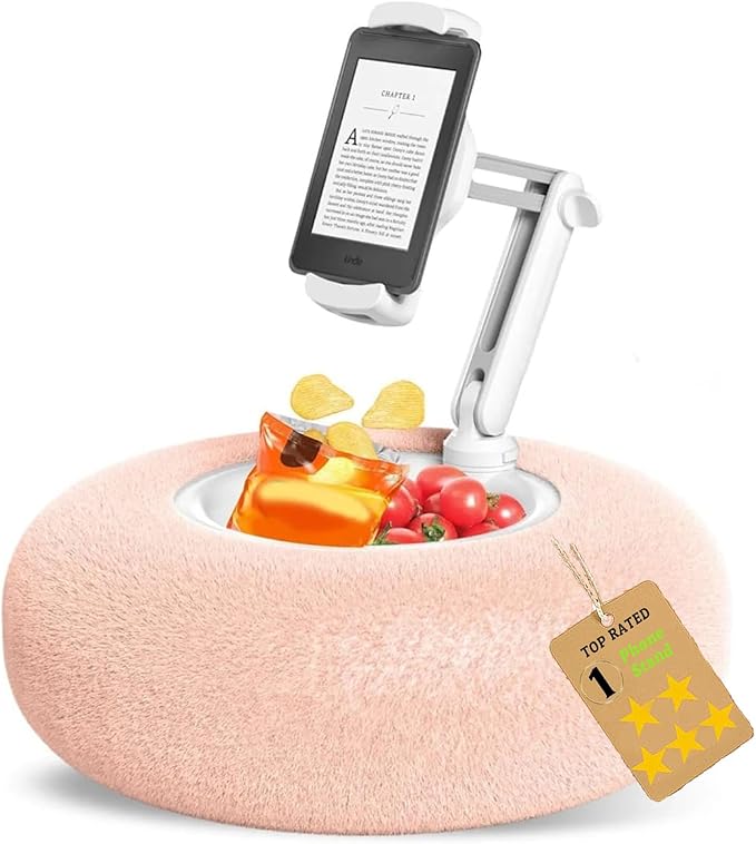 Fuzzy Pillow Phone Holder with Snack Bowl, Adjustable 360° Rotating Magnetic Stand for Phone/Tablet/Kindle iPad, Soft Plush Fabric, Detachable Snack Bowl for Reading for Bed (Upgraded Pink)
