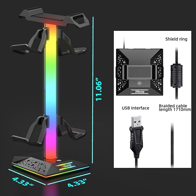 ZNikoyidy Gaming Headphone Stand PC Accessories - RGB Headset Stand with 2 USB Ports,10 Light Modes Headset Holder Suitable for All Earphone Accessories, Gift for Boys Men Gamers