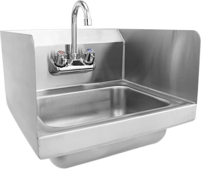 Express KitchQuip 15" x 17" Stainless Steel Wall Mount Hand Sink with Gooseneck Faucet & Side Splash – NSF Certified Commercial Handwashing Basin