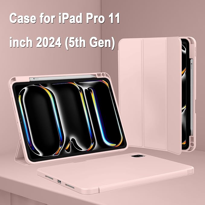ZryXal iPad Pro 11 Inch Case (M5) 2025/ (M4) 2024 (Model: A2836/A2837/A3006), Trifold Stand Smart Cover with Pencil Holder and Soft TPU Back, Auto Wake/Sleep (Rose Pink)
