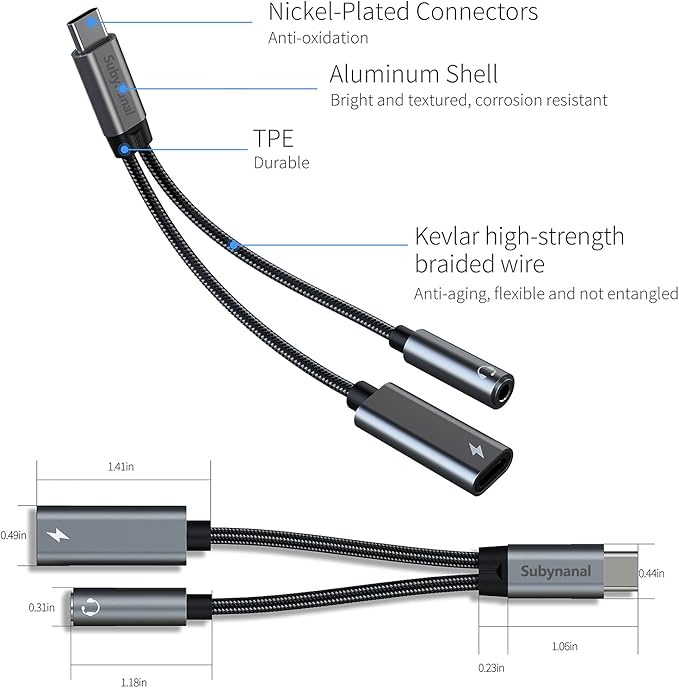 USB c to 3.5mm Headphone and Charger Adapter,2 in-1 USB C PD 3.0 Charging Port to Aux Audio Jack and Fast Charging Dongle Cable Cord (2 Ports-Gray)