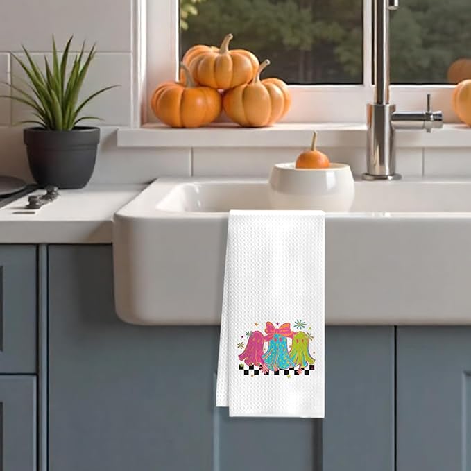 Halloween Ghost Kitchen Towels, Coquette Pink Bow Ghost Dish Tea Towels for Kitchen Decor, Trendy Spooky Halloween Decorative Hand Towel for Bathroom, 16x24 Inches