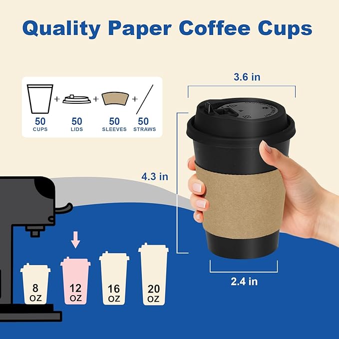 Coolcap 20 oz 50 Pack Coffee Cups with Lids and Sleeves, Straws, Hot Disposable To Go Travel Paper Cups Bulk for Office, Home Coffee Bar Accessories, Chocolate, Cocoa, Beverage (Black)