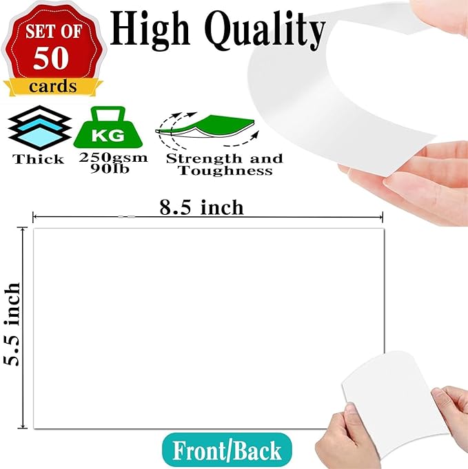 5.5 x 8.5 Blank White Card Stock (Set of 50) - 90lb Flat Card Stock Printer Paper for Invitations, Notes, Greetings & Table Cards - Writing, Stamping, Drawing, Painting