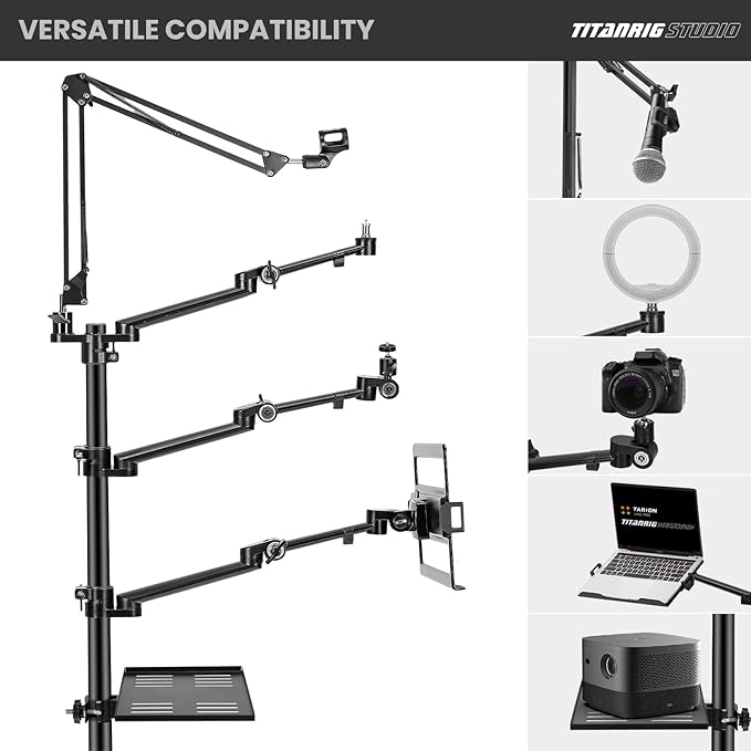 TARION Live Streaming Stand with Wheels - 61"/155cm 5-in-1 Stream Stand Equipment Kit: 1 Mic Boom + 3 Articulated Arms + 1 Projector Holder, Adjustable Heavy-duty Floor Live Tree Stand Setup TitanRig
