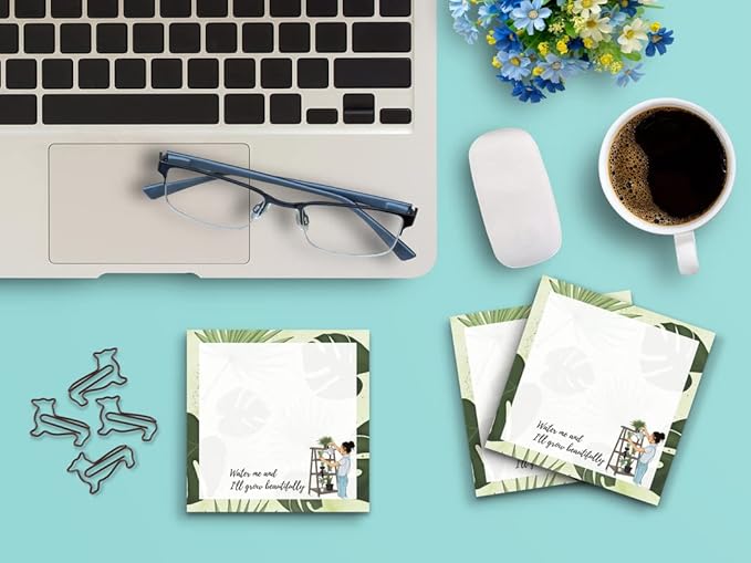 Butler in the Home Sticky Notes 12 Pack 3"x3" 50 Sheet Count Per Pad, Water Me and I ll Grow Beautifully Plants, Cute Funny Memo Note Pads Stationery Journal Planner Paper