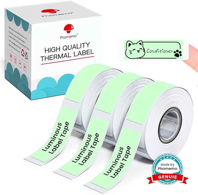 Phomemo D30 Luminous Label Tape, Black on Glow-in-The-Dark Labels, Strong Adhesion Self-Adhesive Standard Label Tape, Indoor Use, 14mm x 40mm (0.55x1.57) 120 Labels/Roll, 3-Roll