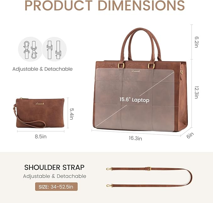LOVEVOOK Laptop Bag for Women, 15.6 Inch Laptop Tote Bag, Vintage Leather Work Bags for Women, Waterproof Computer bag with Clutch Purse, Large Capacity Briefcase, Business Office Bag