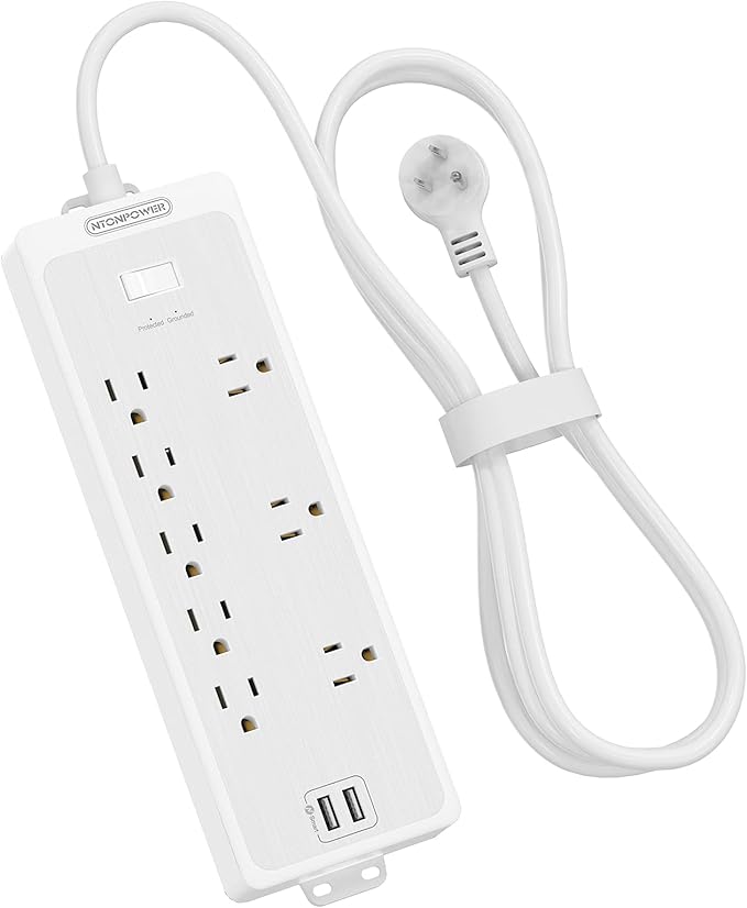 Surge Protector Power Strip 10 ft Cord, NTONPOWER Heavy Duty Extension Cord 10 ft, 8 Outlets and 2 USB Ports, Flat Plug, 1875W/15A 1700 Joules, Wall Mountable for Home Office, Dorm Essentials White