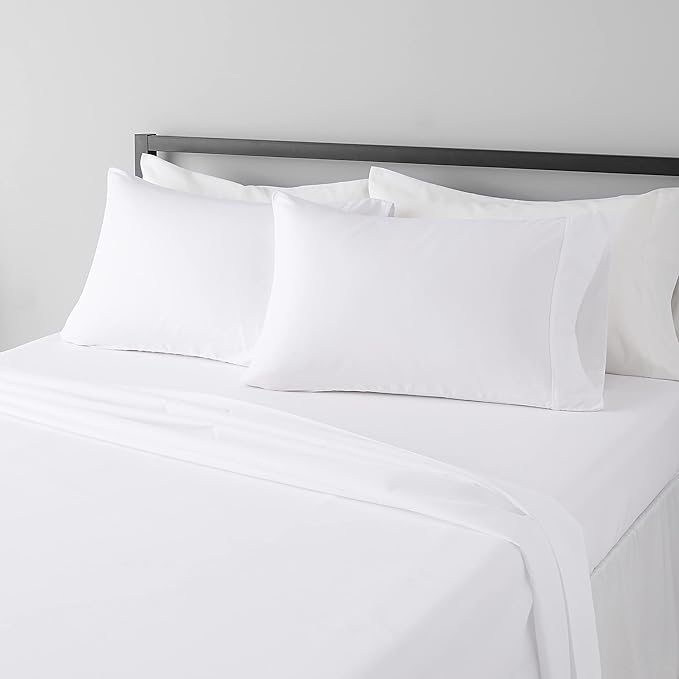Amazon Basics Luxury, Ultra Soft, Breathable Lightweight Microfiber 4 Piece Bed Sheet Set with 14-Inch Deep Pockets, King, Bright White, Solid