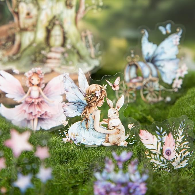 Dwpetzo Scrapbook Fairy Stickers for Scrapbooking Supplies, 80 Pcs Transparent PET Forest Mushroom House Scenery Stickers Ephemera for Junk Journals, Journaling, Collage, Art Crafts