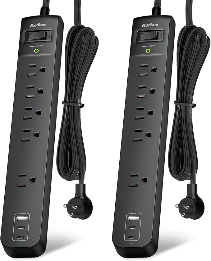 6Ft Power Strip Surge Protector - Addtam Extension Cord with 5 AC Outlets 3 USB Ports(2 USB C), 1875W/15A, Flat Plug, Outlet Extender for Home Office Supplies College Dorm Room Essentials,ETL Listed