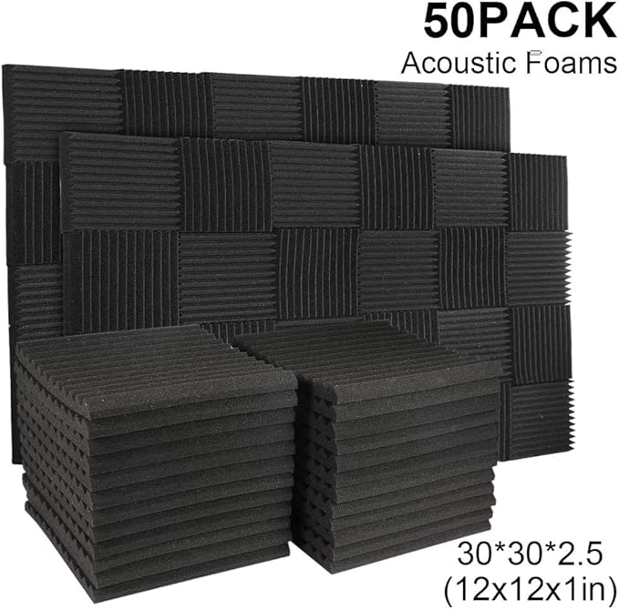 50 Pack Acoustic Panels Soundproof Studio Foam for Walls Sound Absorbing Panels Sound Insulation Wedge for Studio, 1" X 12" X 12" (Black)