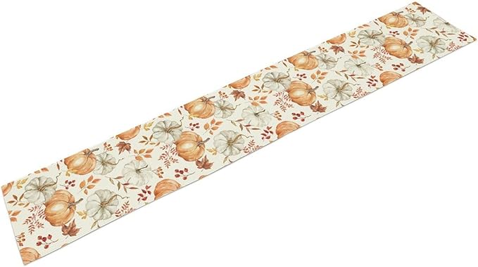 Pumpkin Table Runner Fall Orange White Colorful Leaves Berries Thanksgiving Watercolor Illustration Rustic Decor for Farmhouse Indoor Outdoor Party Holiday Dining Kitchen Restaurant Cafe W13xL120in