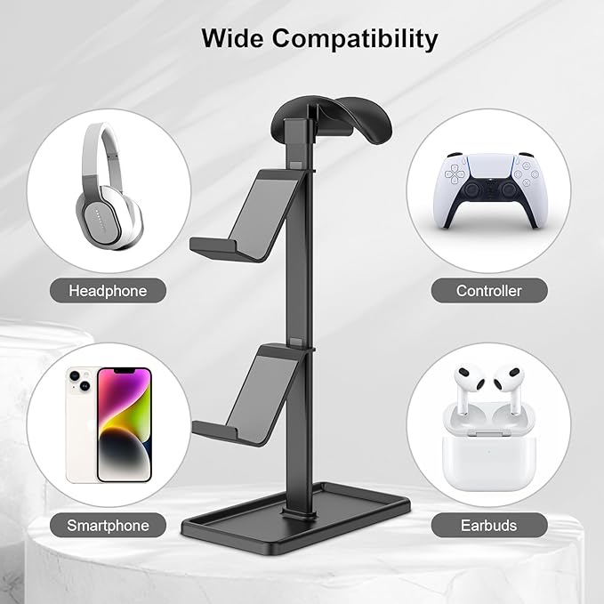 SHUOSUO Controller Holder, Headphone Stand, Gaming Controller Stand for Xbox PS5 PS4 Switch, Headset Holder with Storage Organizer, Universal Desk Game Accessories (Black)