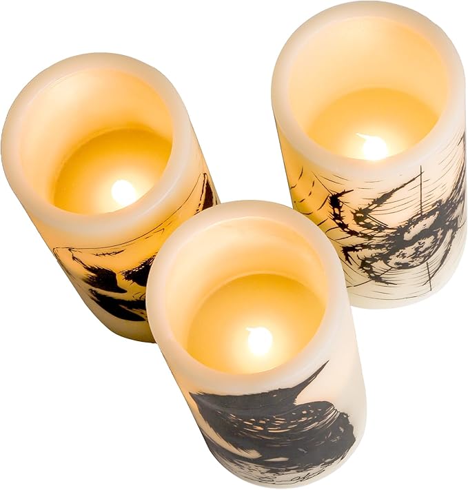 Hbaushun Halloween Flameless Candles LED Flickering Candles with Skull, Crow, Spider Web Decals,Battery Operated with 6 Hour Timer Halloween Decorations Horror Themed Candles(3 Pack, D3 x H6)