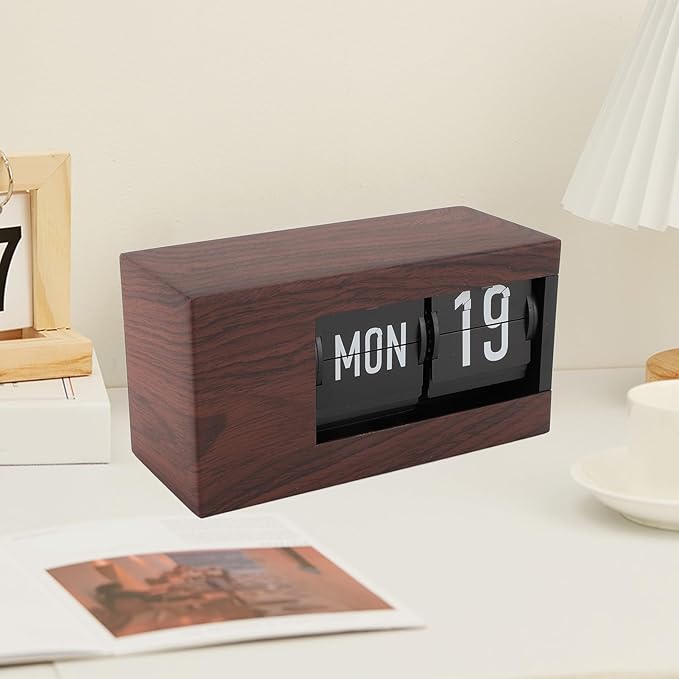 Flip Desk Clock, Intelligent Perpetual Calendar Unique Flip Design Flip Clock 2600Mah Built in Batteries Digital Flip Down Clock for Home Room Office (Wood Grain)
