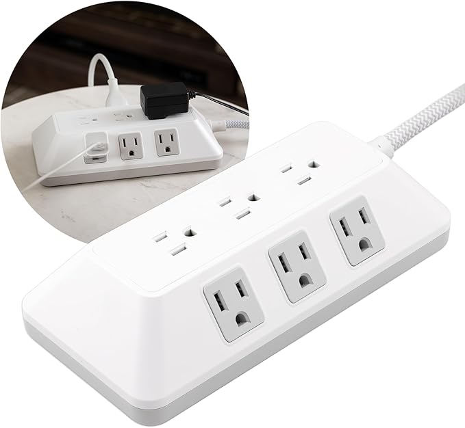 GE 9-Outlet Surge Protector, 2480J, 6ft. Braided Cord, Extensoin Cord for School, Home, Office, White – 82596