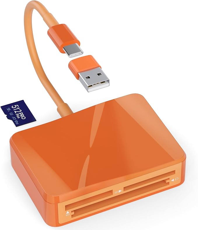SD Card Reader, 4 in 1 USB C to SD/TF/CF/MS Card Reader with USB to USB C Adapter Memroy Card Reader for iPhone 17/16/15 Pro Max iPad Pro MacBook Pro/Air iMac M4/M3 Android Phone/Tablet PC (Orange)