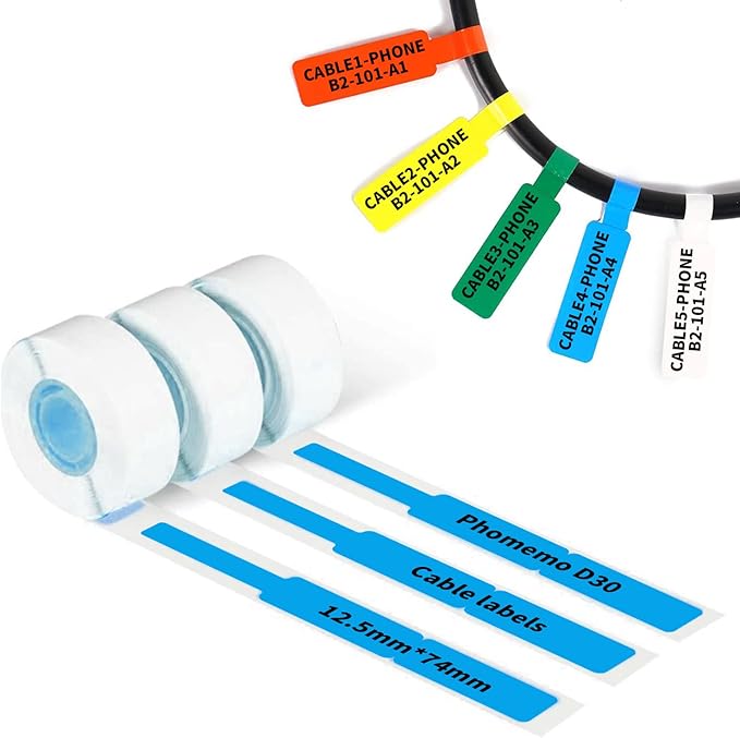 Phomemo D30 Cable Labels Colorful Waterproof Wire Cord Labels, (12.5mm X 74mm) 65 Labels/Roll, Tags Stickers Tear Resistant Flexible, Phomemo d30 Label Tape -Black on Blue Paper, 3 Roll