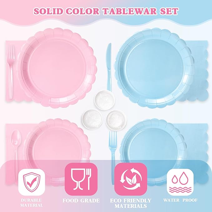 Vyntra 350 PCS Disposable Plates for Party, Paper Plates & Napkins Set with Cups, Knives, Forks, Spoons, 7'' Dessert and 9'' Dinner Plates for Gender Reveal, Baby Shower - Pink and Blue