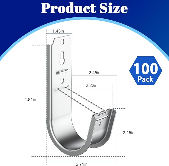 ForoGore 100 Pack 2 Inch J Hook Wall Mount J Hook with Retainer Clip Galvanized Steel Wall Cable Hooks Smooth Round Edge J Hook for Hanging Wire Cable Management & Organization Solution