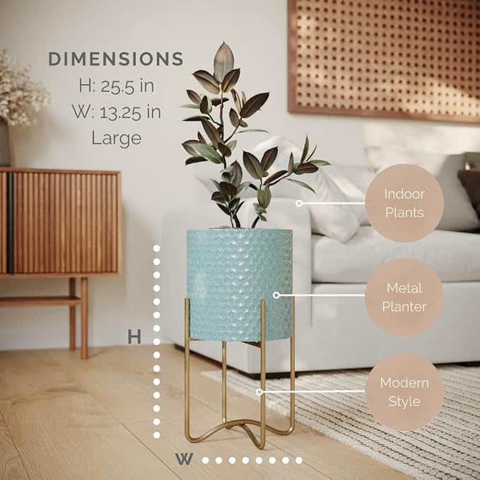 EverNest Mid-Century Modern Rhys Honeycomb Embossed Planter Pot with Ambrose Stand, Metal Indoor Plant Pots, Blue Green Bohemian Style (Large 3 Gallon)