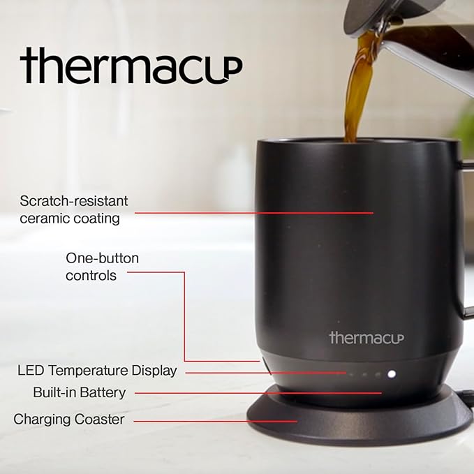 THERMACUP Mega 8-Hour Battery Self-Heating Coffee Mug with | Temperature Controlled Steel Smart Mug with Lid, 14oz (12oz with Lid) | Perfect Holiday Gift for Coffee & Tea Lovers