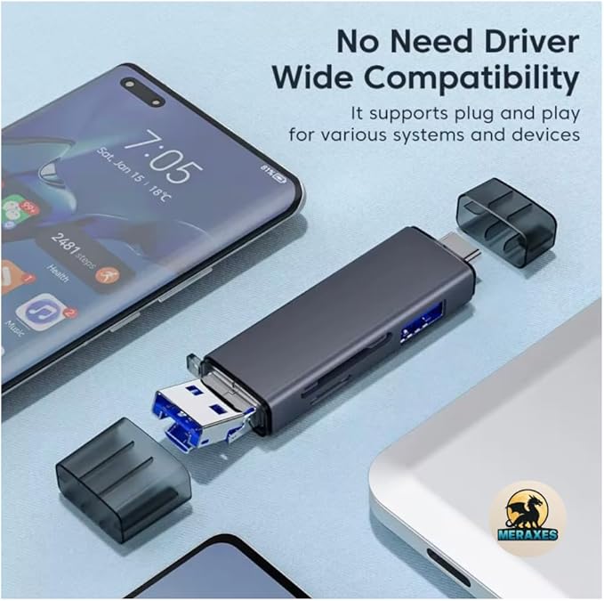 MERAXES 6-in-1 SD Card Reader, USB-C High-Speed 5Gbps OTG Adapter with SD/TF/Micro SD Slots, Multi-Card Reader Compatible with MacBook, iPad, iPhone, Android & PC