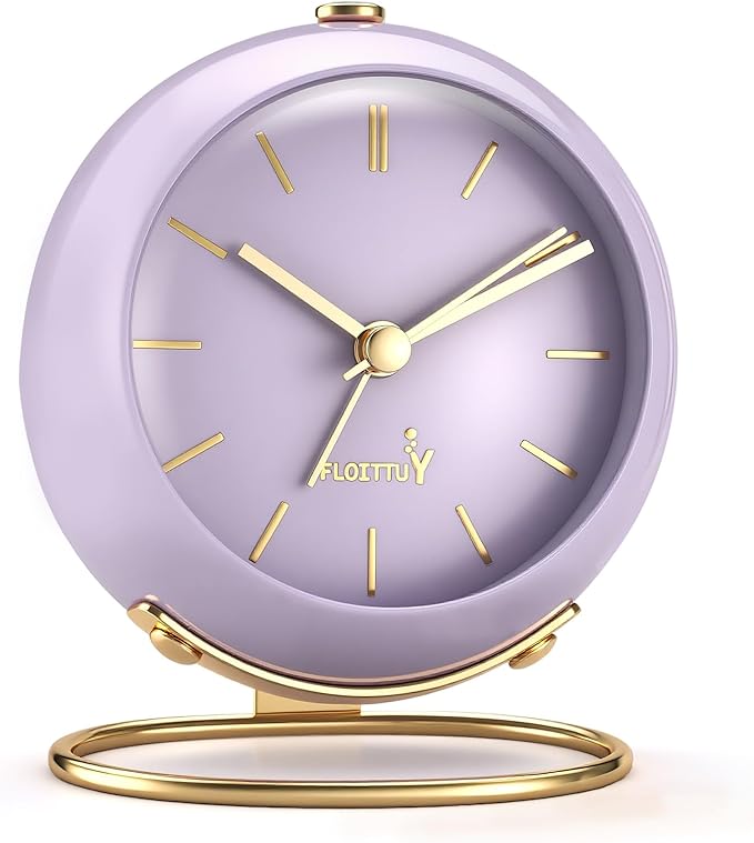 FLOITTUY Silent Table Analog Alarm Clock No Ticking, Lighted on Demand and Battery Operated, Beep Sounds, Small Desk Clock(Air Purple)