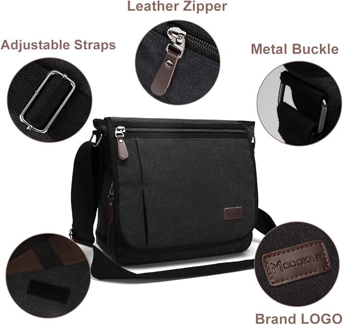 Modoker Messenger Bag for Men, 13 Inches Laptop Satchel Bags, Canvas Shoulder Bag with Bottle Pocket
